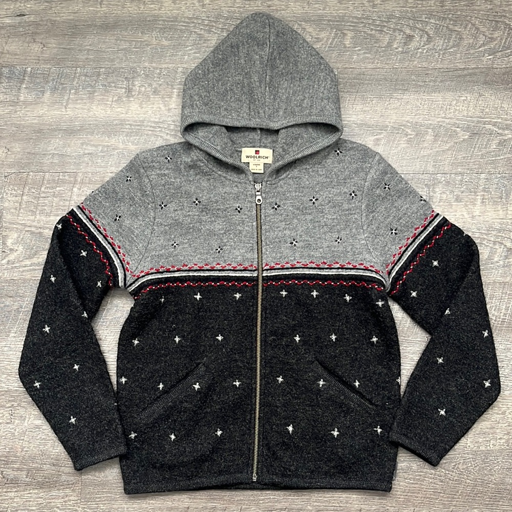WOOLRICH Gray and Red Embroidered Zip Up Hooded Sweater Women’s Size Small